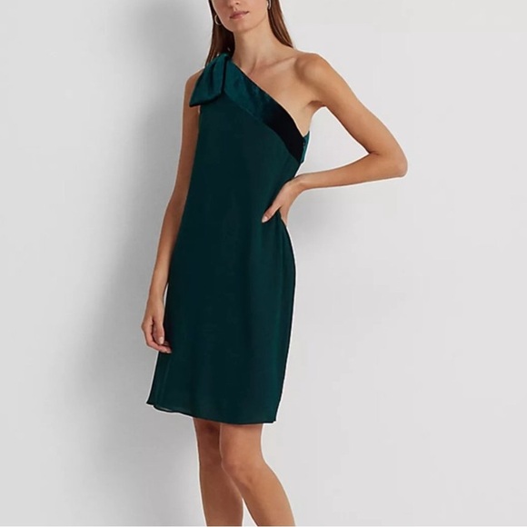 Lauren Ralph Lauren Dark Green One Shoulder Velvet Trim Chiffon Dress size 8 - Picture 1 of 16